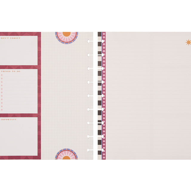 Planner pages with checklists and decorative elements on a light pink background
