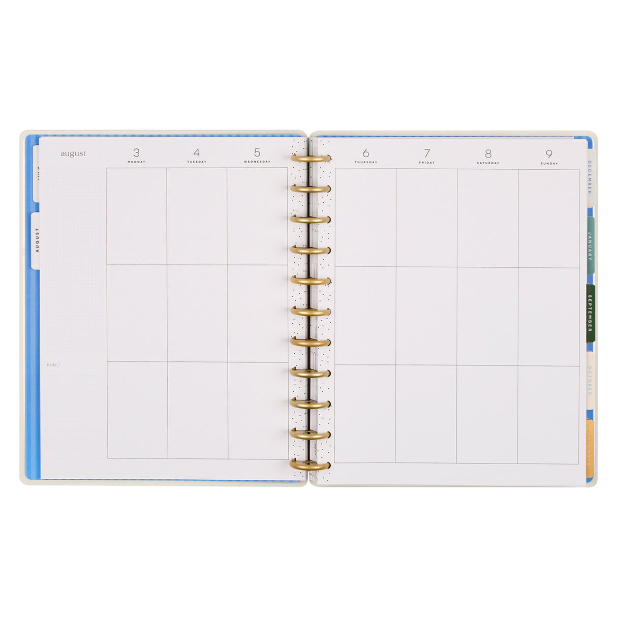 Open planner with daily grid layout on white background