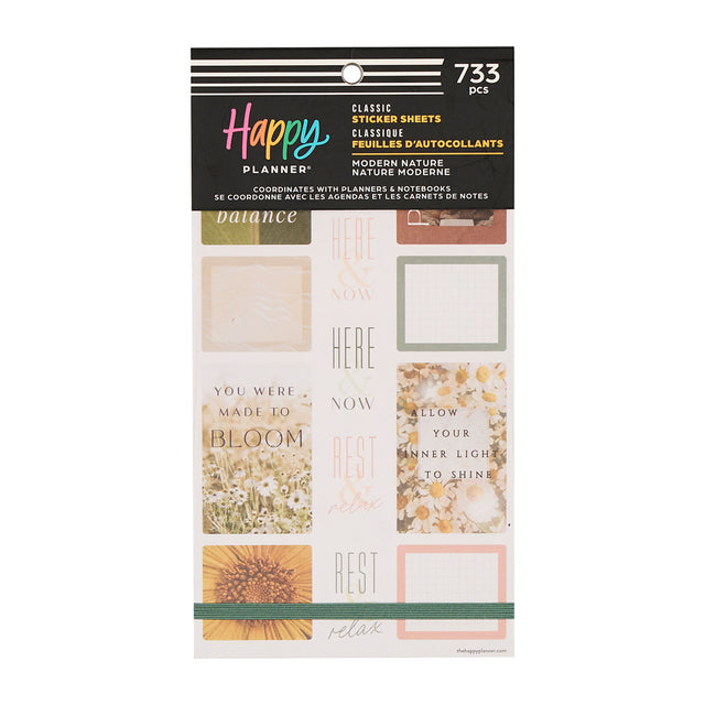 Happy Planner Modern Nature Sticker Book with various decortiave stickers and text on a white background.