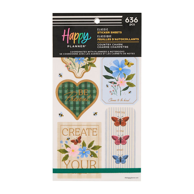 Happy Planner Country Charm Sticker Book with floral and motivational designs on a white background.