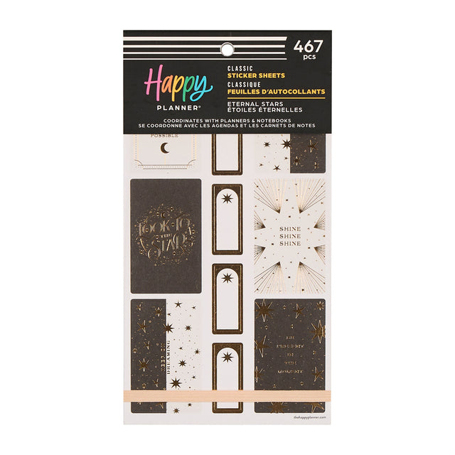 Happy Planner Eternal Stars Sticker Book - Classic sticker sheets with various celestial themed sticker designs on a white background