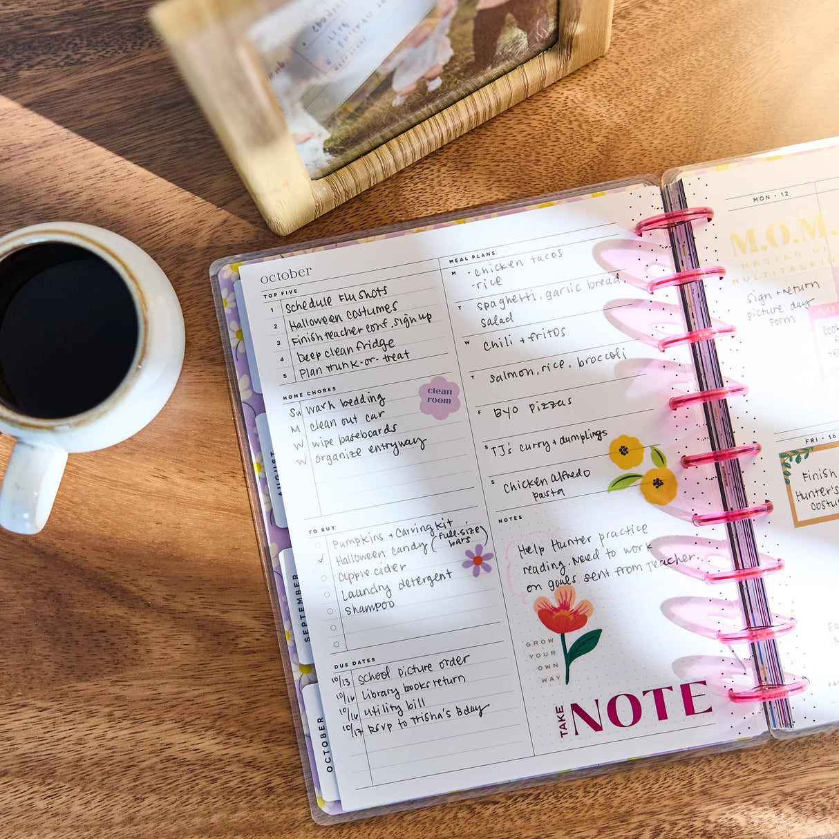 Happy Planner 2026 - 2027 Golden Garden Mom Classic 12 Month Dated - Parenting planner with a cup of coffee on a wooden surface