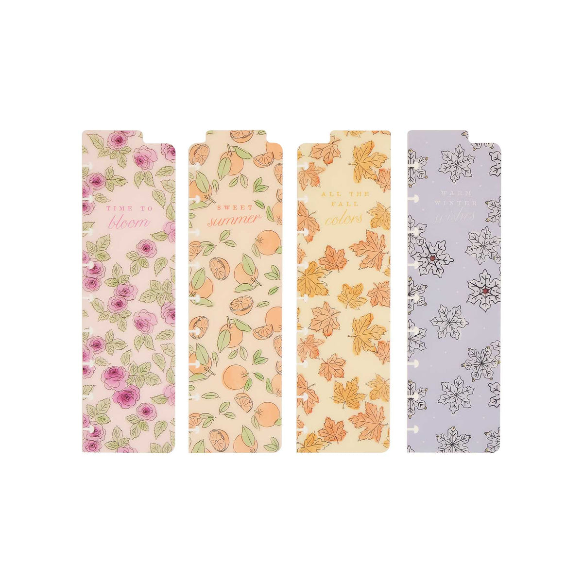 Four Happy Planner Seasonal Sidewalks Classic Bookmarks with roses, peaches, autumn leaves and snowflakes