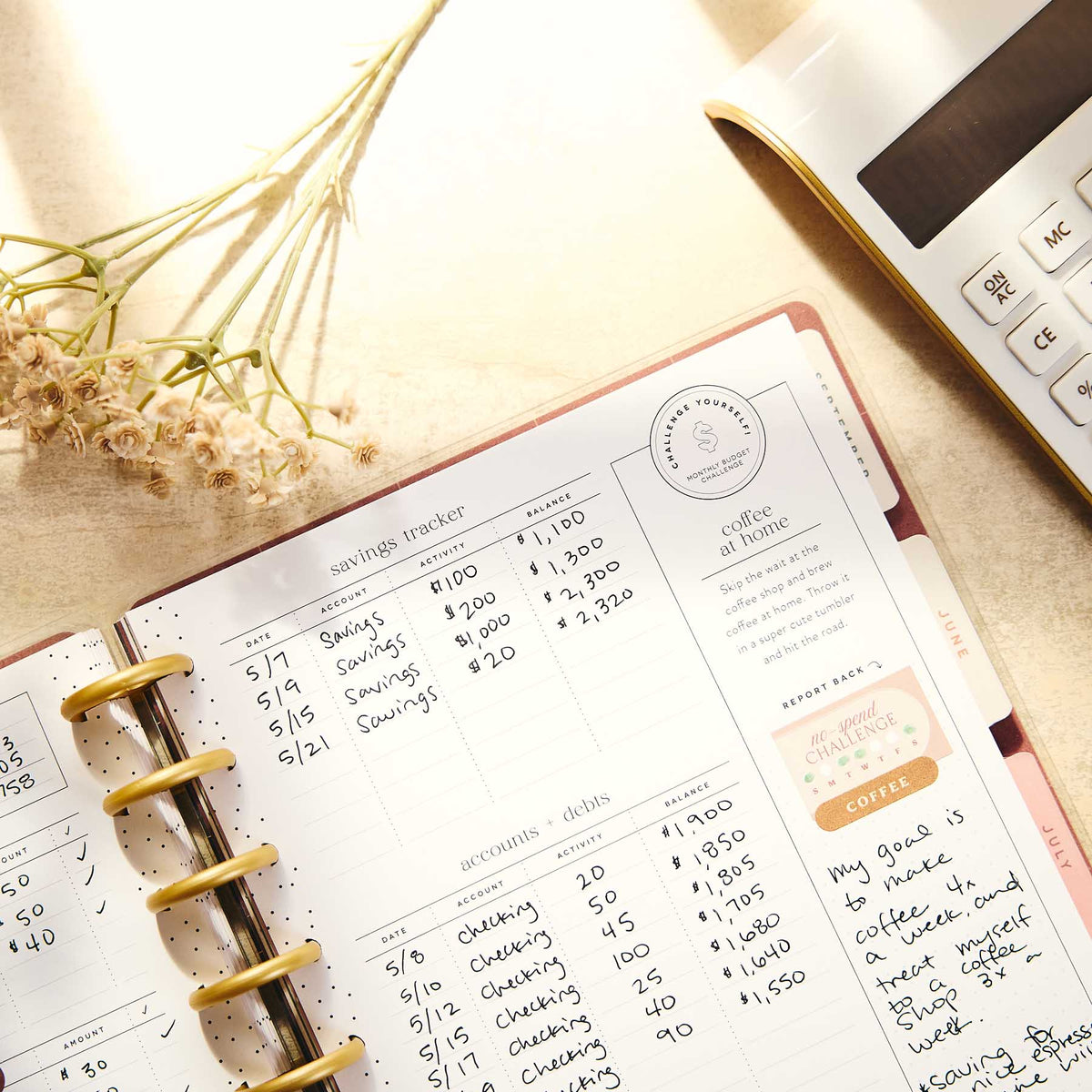 Amber & Oak Budget Planner savings tracker and coffee at home pages with gold discs