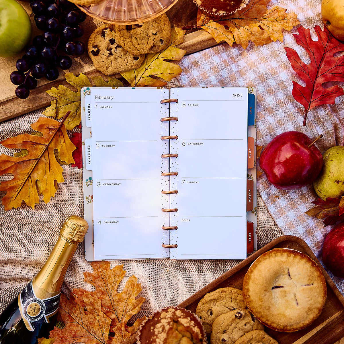 Fall Picnic Skinny Classic monthly pages surrounded by autumn leaves, fruit and baked treats