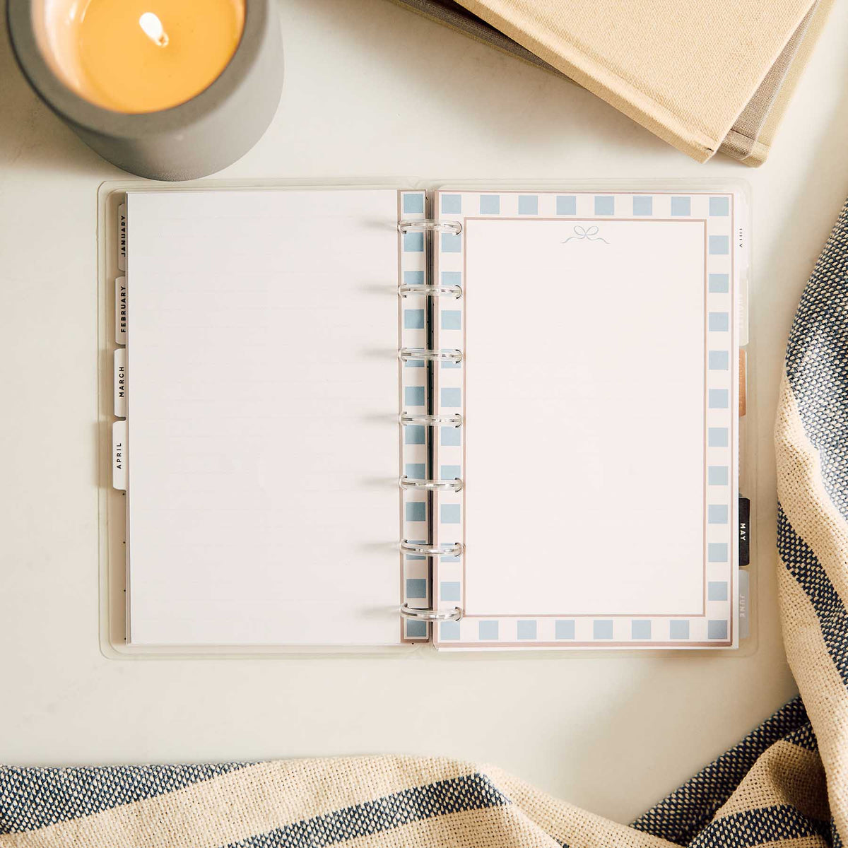 Open Mini planner with Modern Balance blue and white bordered pages