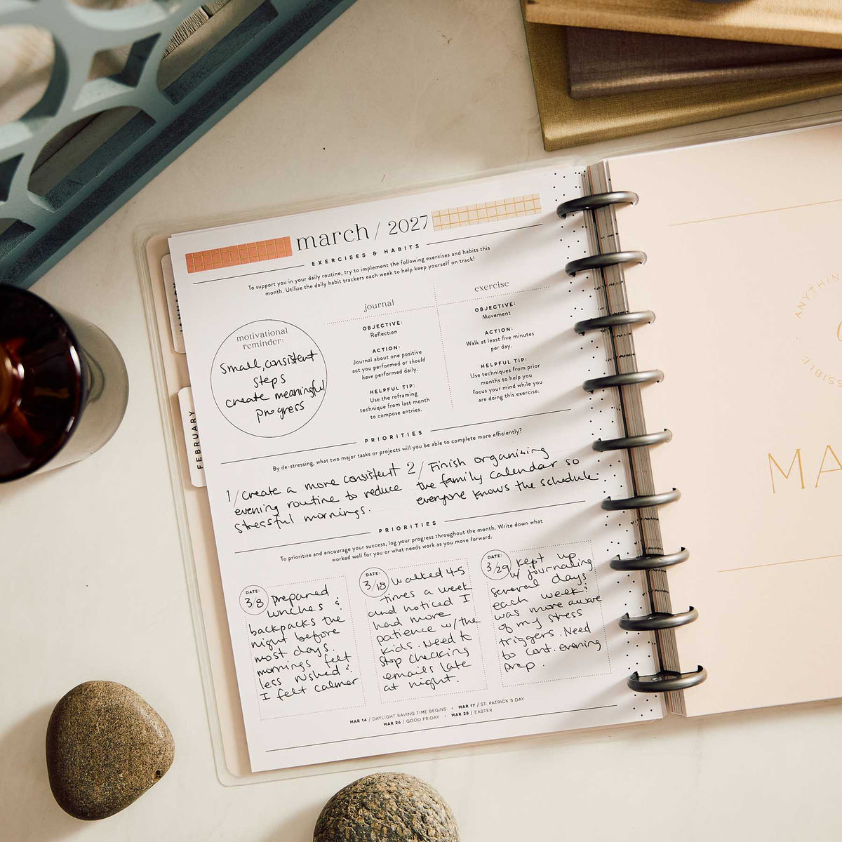 Hushed Hues handwritten stress relief prompts and monthly planning pages
