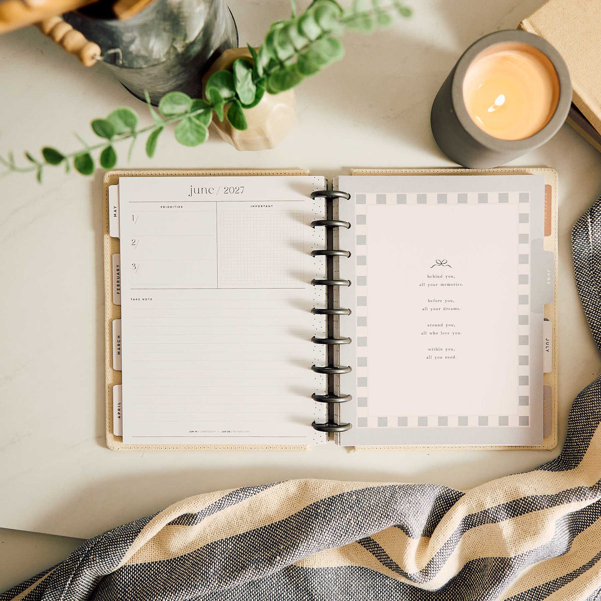 Haven & Heart planner open to June 2027 monthly calendar and dashboard