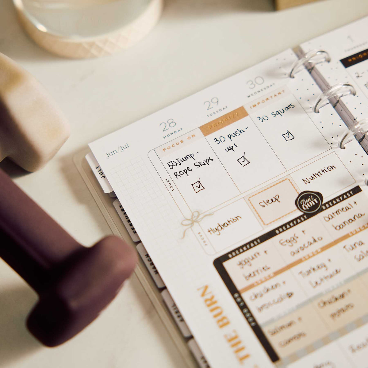 Happy Planner Haven and Heart handwritten workout and nutrition tracking pages