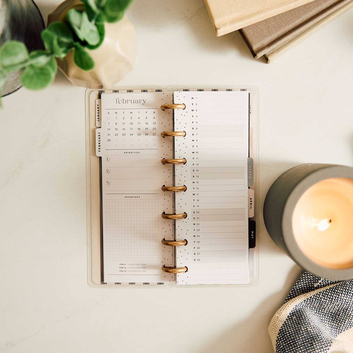 Haven and Heart Skinny Mini February calendar and lined pages on a desk