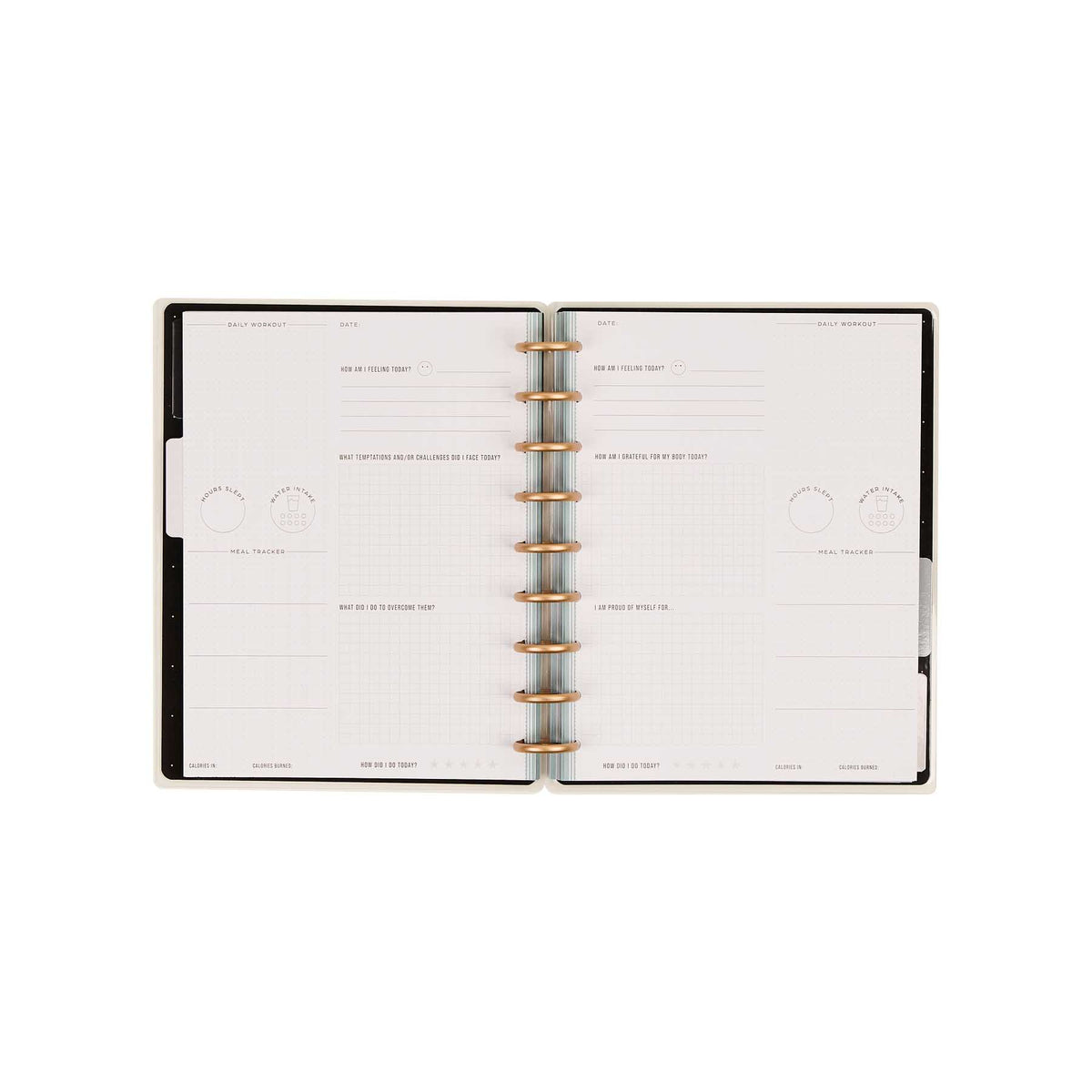 Open Haven & Heart journal with guided workout planning pages