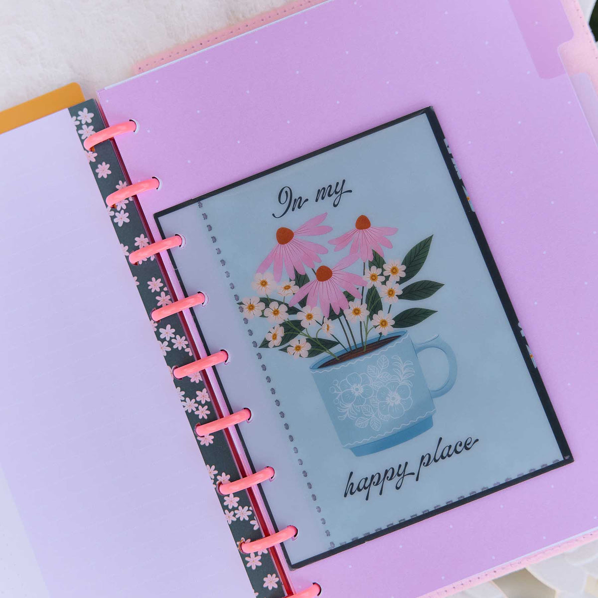 Petal Press floral Happy Place page with pink flowers in a blue vase