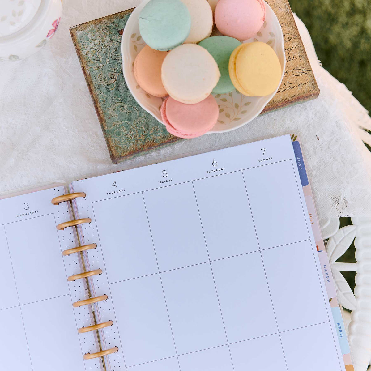 Happy Planner Little Garden roomy vertical weekly layout beside pastel macarons