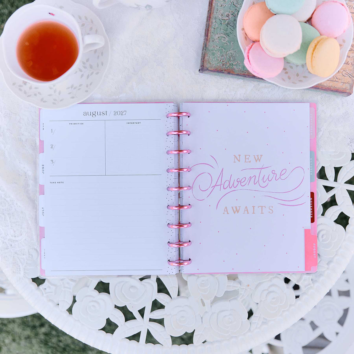 Seasonal Sidewalks Classic Dashboard planner August 2027 spread with Adventure Awaits lettering