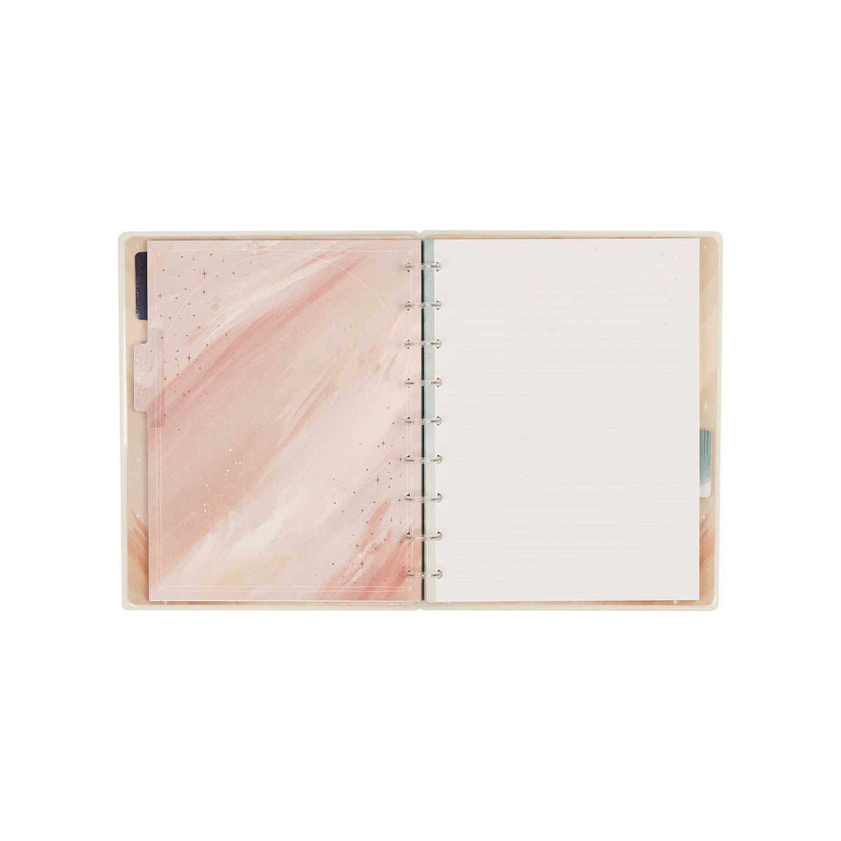 Open Starlit Glow notebook with a pink marbled interior cover and dotted-lined pages