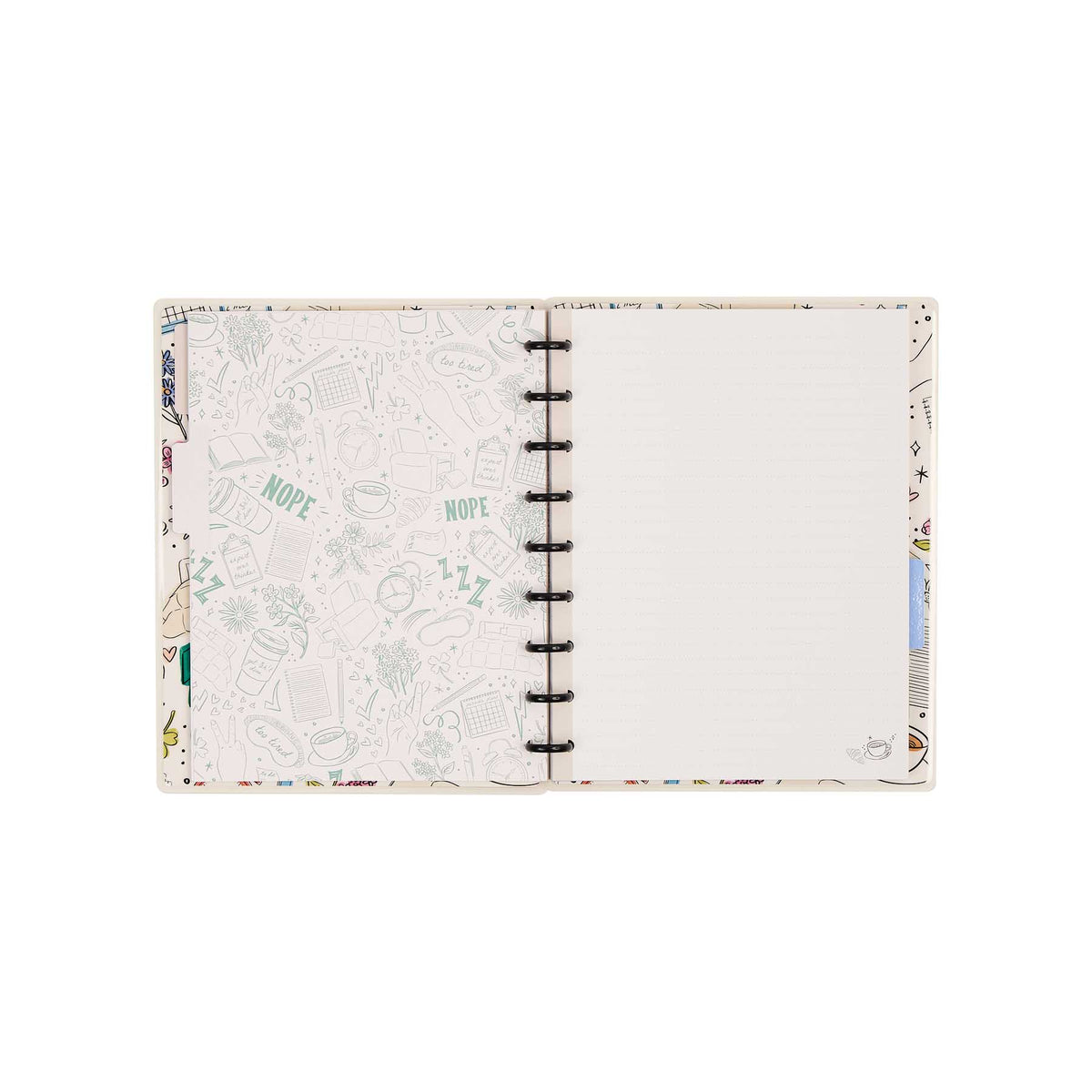Open Pajama Plans notebook with an illustrated page beside a lined writing page