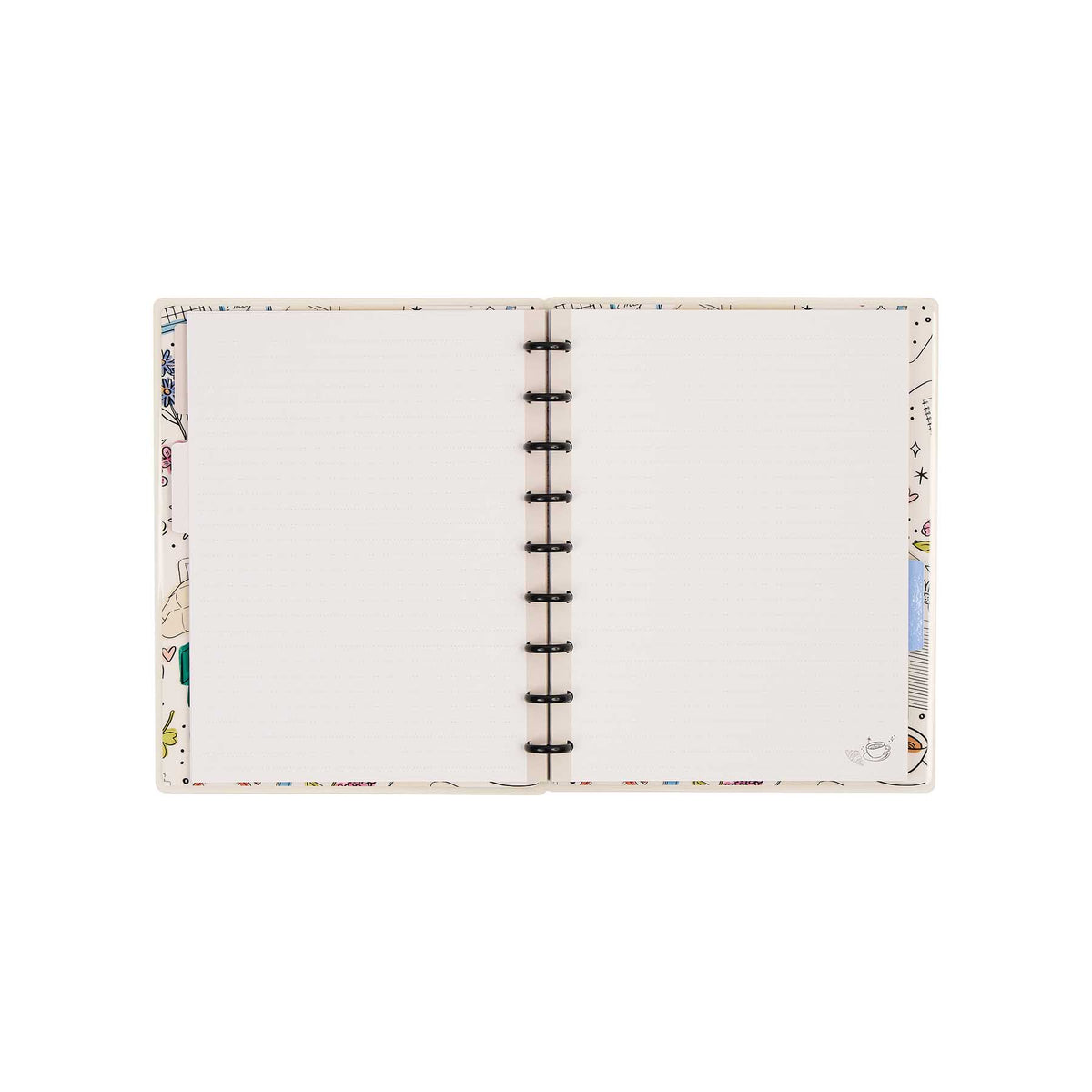 Open Pajama Plans notebook showing dotted-lined pages, illustrated borders and black discs