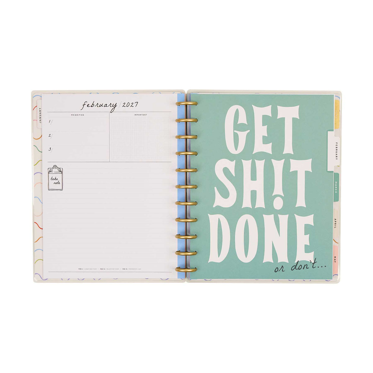 Pajama Plans Big planner open to a February 2027 spread and teal dashboard page