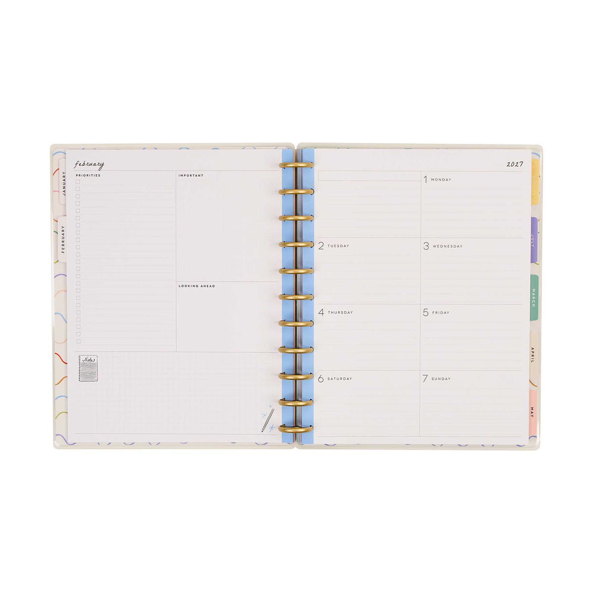 Pajama Plans 2027 Big planner weekly dashboard spread with colourful tabs