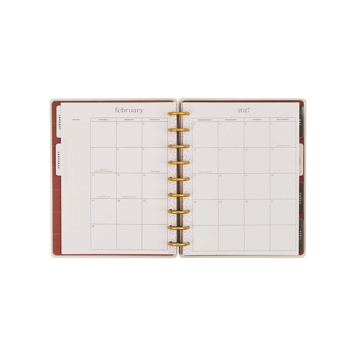 Amber & Oak Budget Planner February monthly calendar spread with gold discs