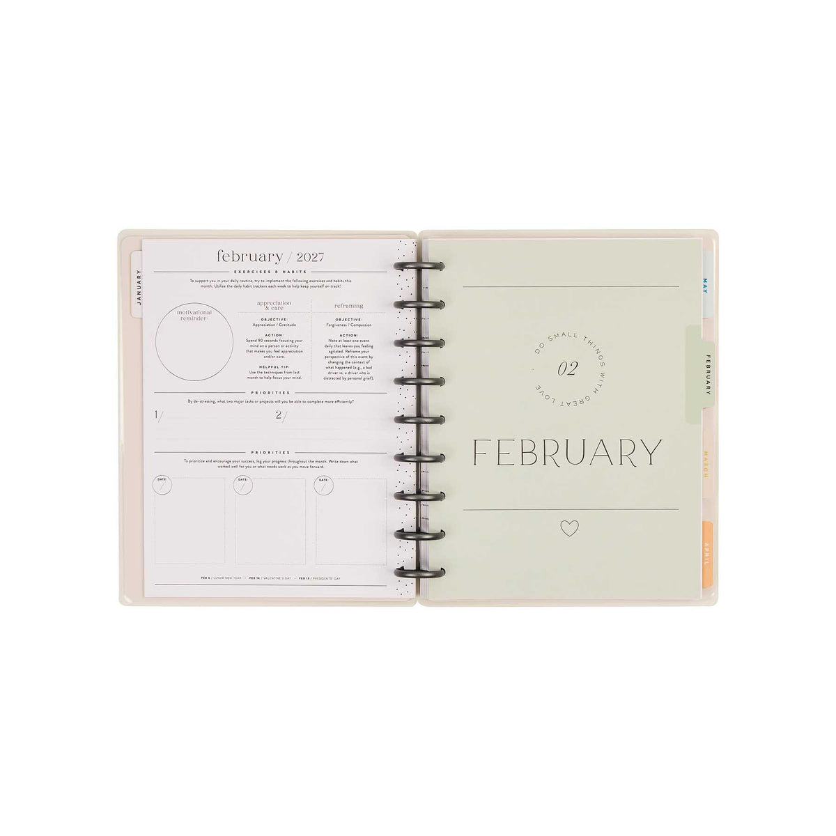 Hushed Hues Classic Stress Management Planner open to February 2027 pages