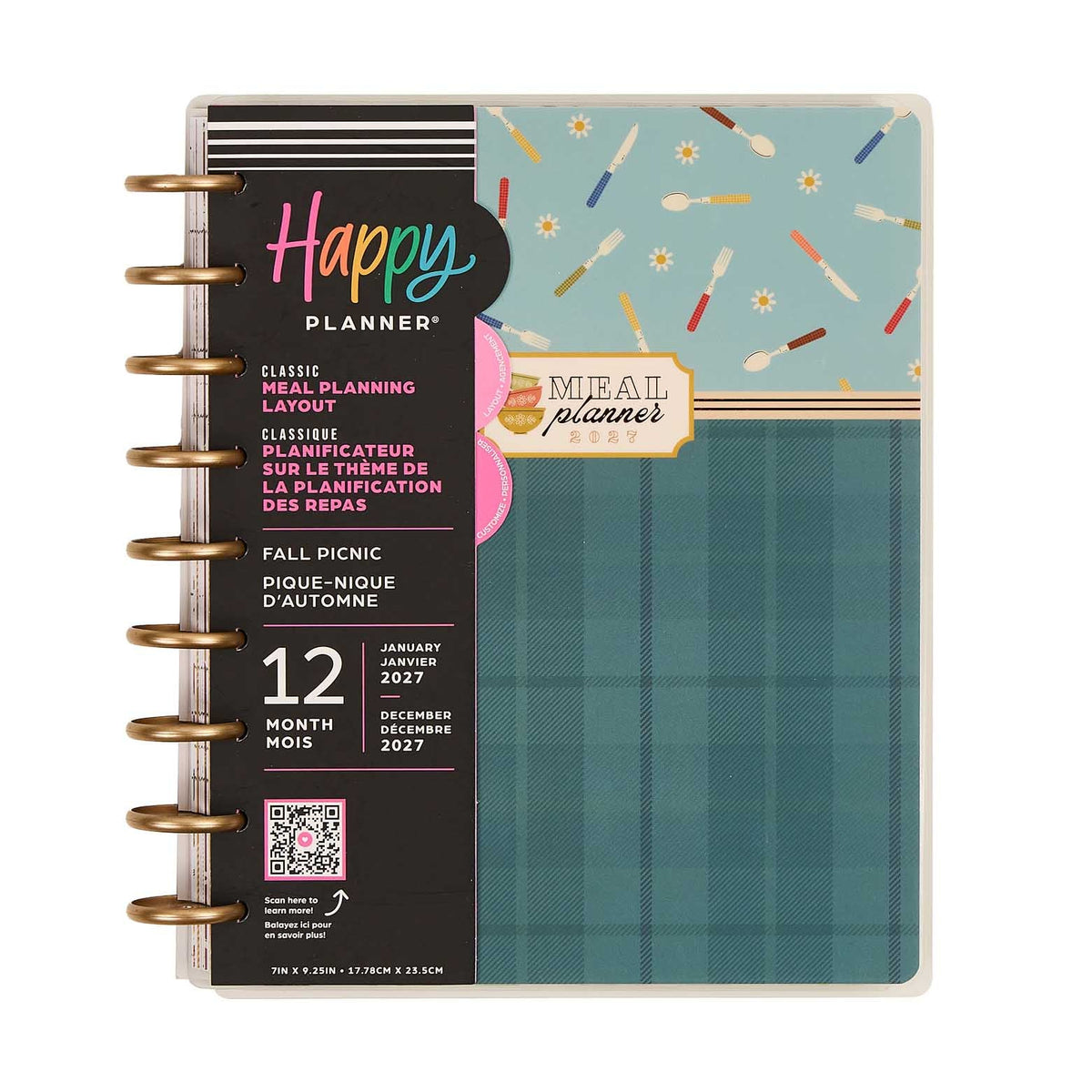Happy Planner Fall Picnic Classic Meal Planner with teal plaid cover and gold discs