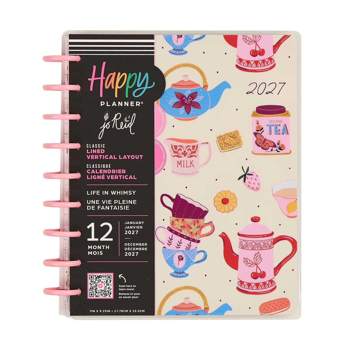 Happy Planner Life In Whimsy Classic Lined Vertical Planner 2027: Tea party cover illustrations and pink discs