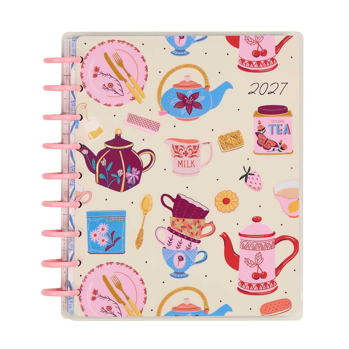 Happy Planner Life In Whimsy Classic Lined Vertical Planner 2027: Whimsical tea cover artwork with pink discs