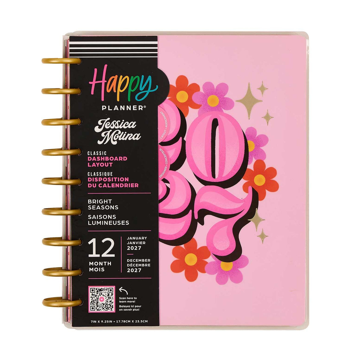 Happy Planner Bright Seasons Classic Dashboard Planner 2027: Pink floral cover with gold discs