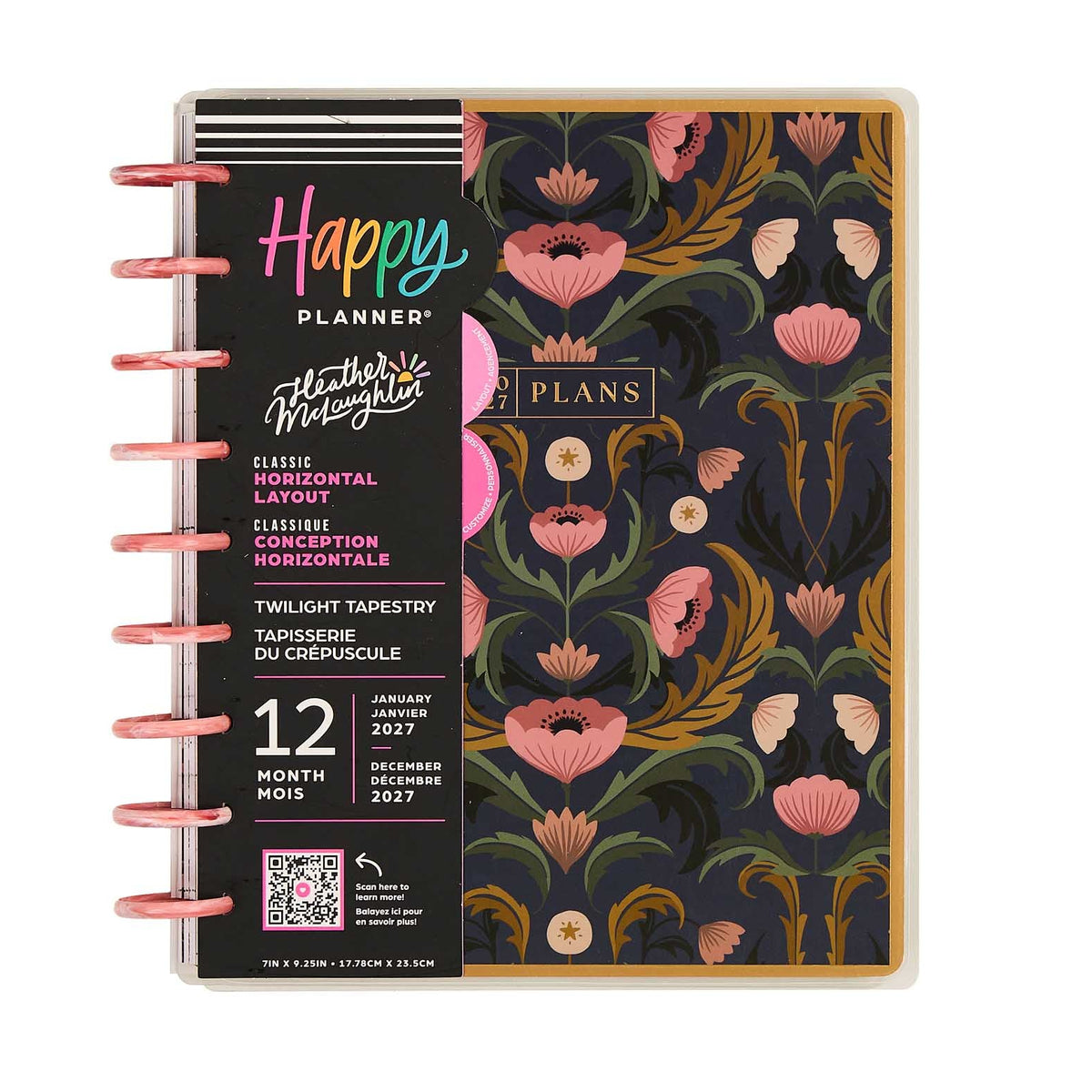 Happy Planner Twilight Tapestry Classic Horizontal Planner 2027: Floral cover, pink discs and labelled monthly pages
