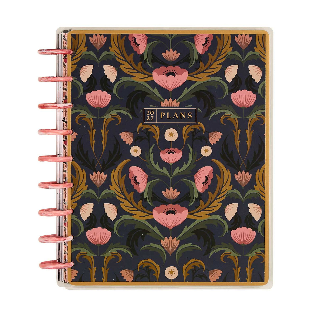 Happy Planner Twilight Tapestry Classic Horizontal Planner 2027: Dark floral cover and pink discs