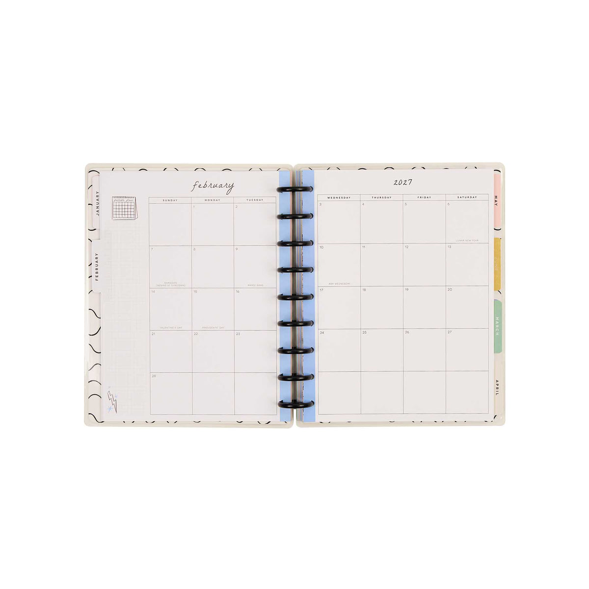 Happy Planner Pajama Plans Classic Horizontal Planner 2027: Monthly calendar spread with tabbed sections