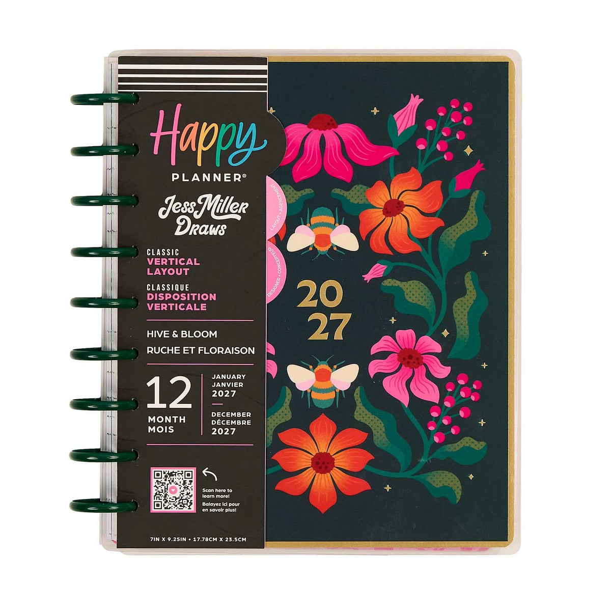 Happy Planner Hive & Bloom Classic Vertical Planner 2027: Colourful floral cover and discs