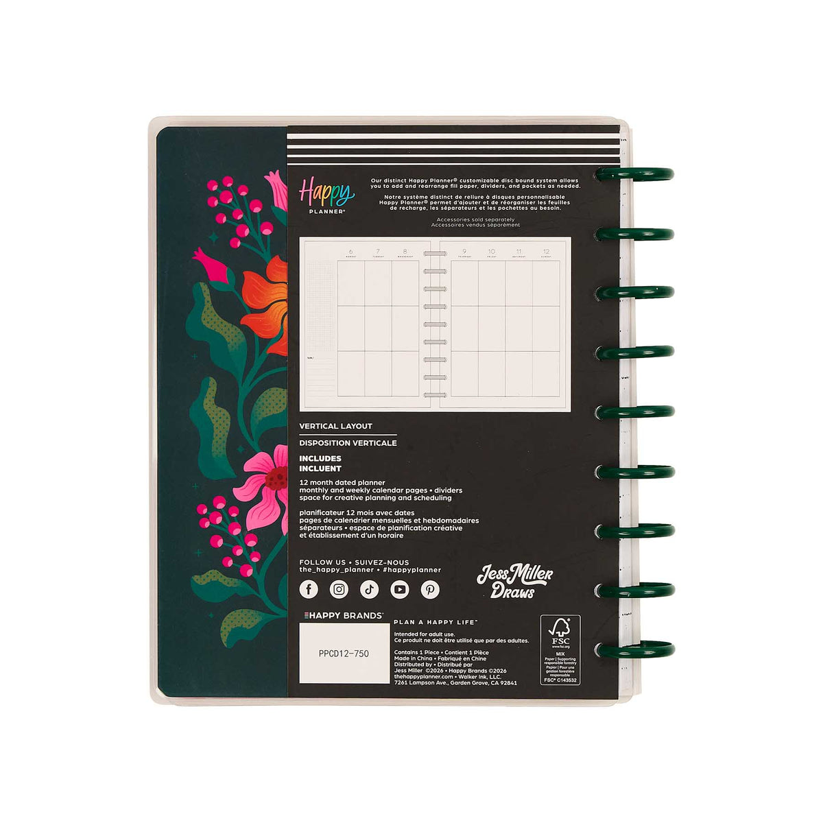 Happy Planner Hive & Bloom Classic Vertical Planner 2027: Floral cover and green discs with packaging