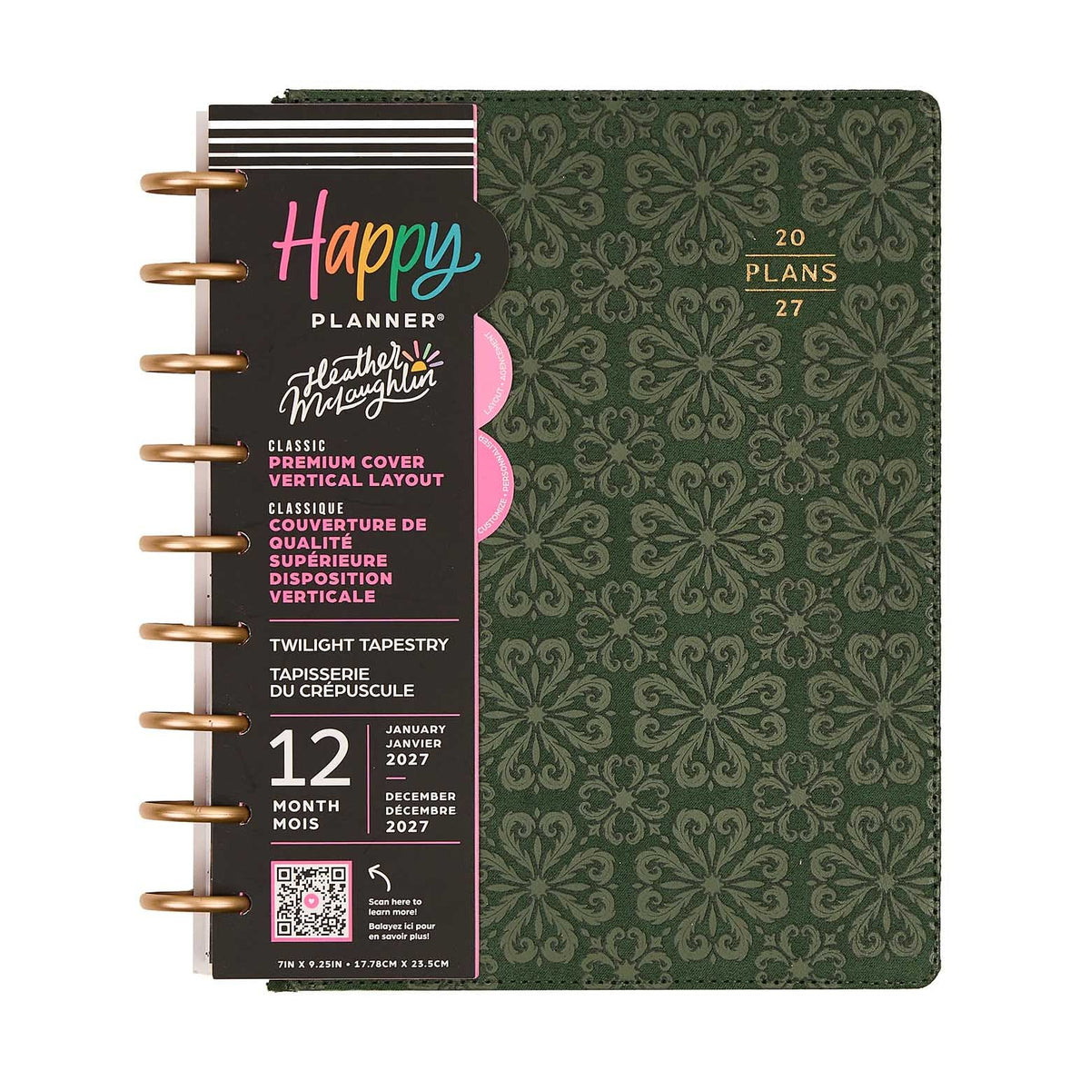 Happy Planner Twilight Tapestry 2027 Classic Vertical Planner with green cover and gold discs