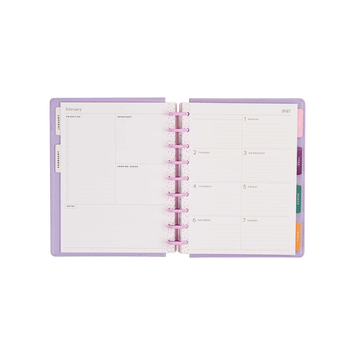 Happy Planner Hive & Bloom Classic Dashboard Planner 2027 - Dashboard spread with pink discs and colourful tabs
