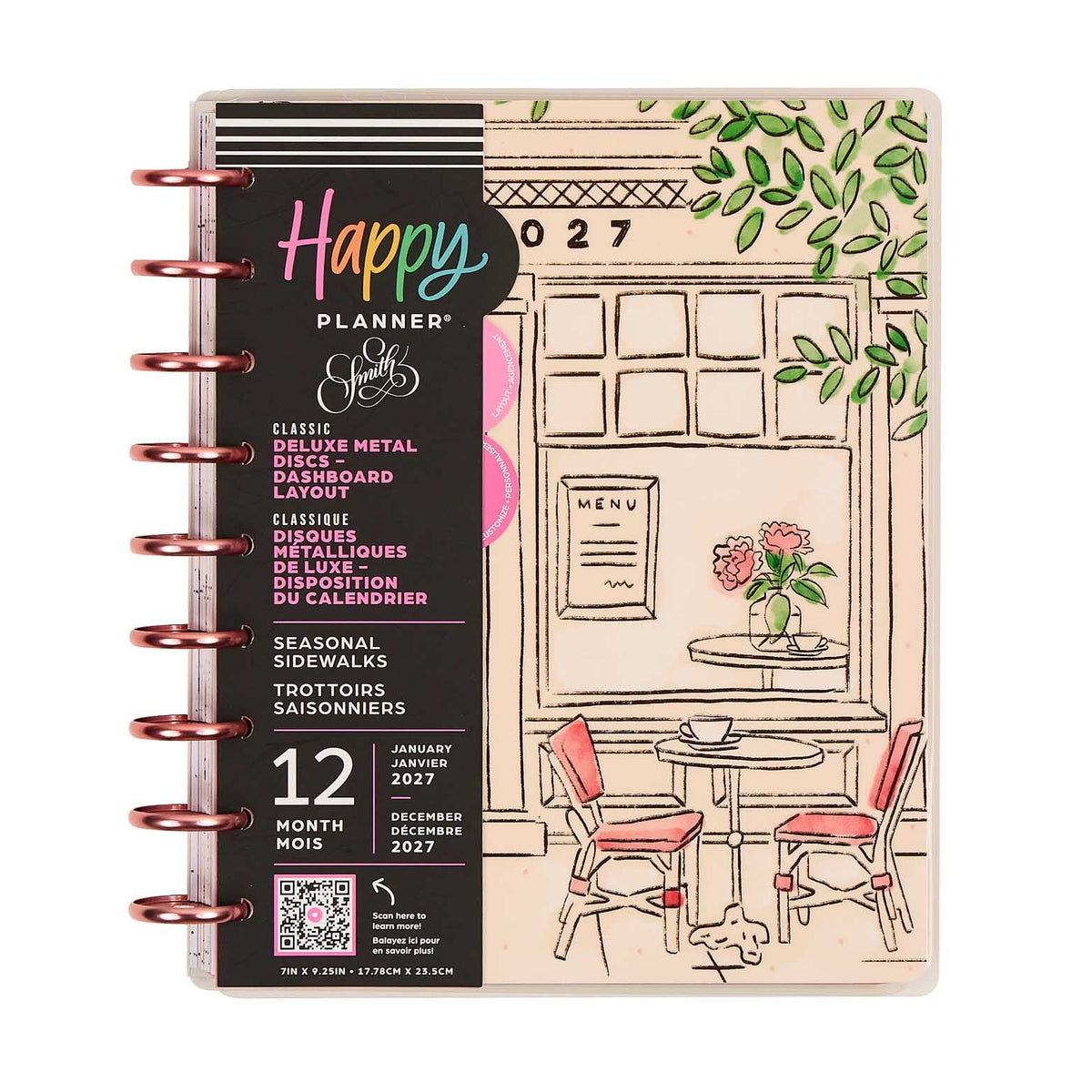 Happy Planner Deluxe Seasonal Sidewalks Classic Dashboard planner café cover and rose gold discs
