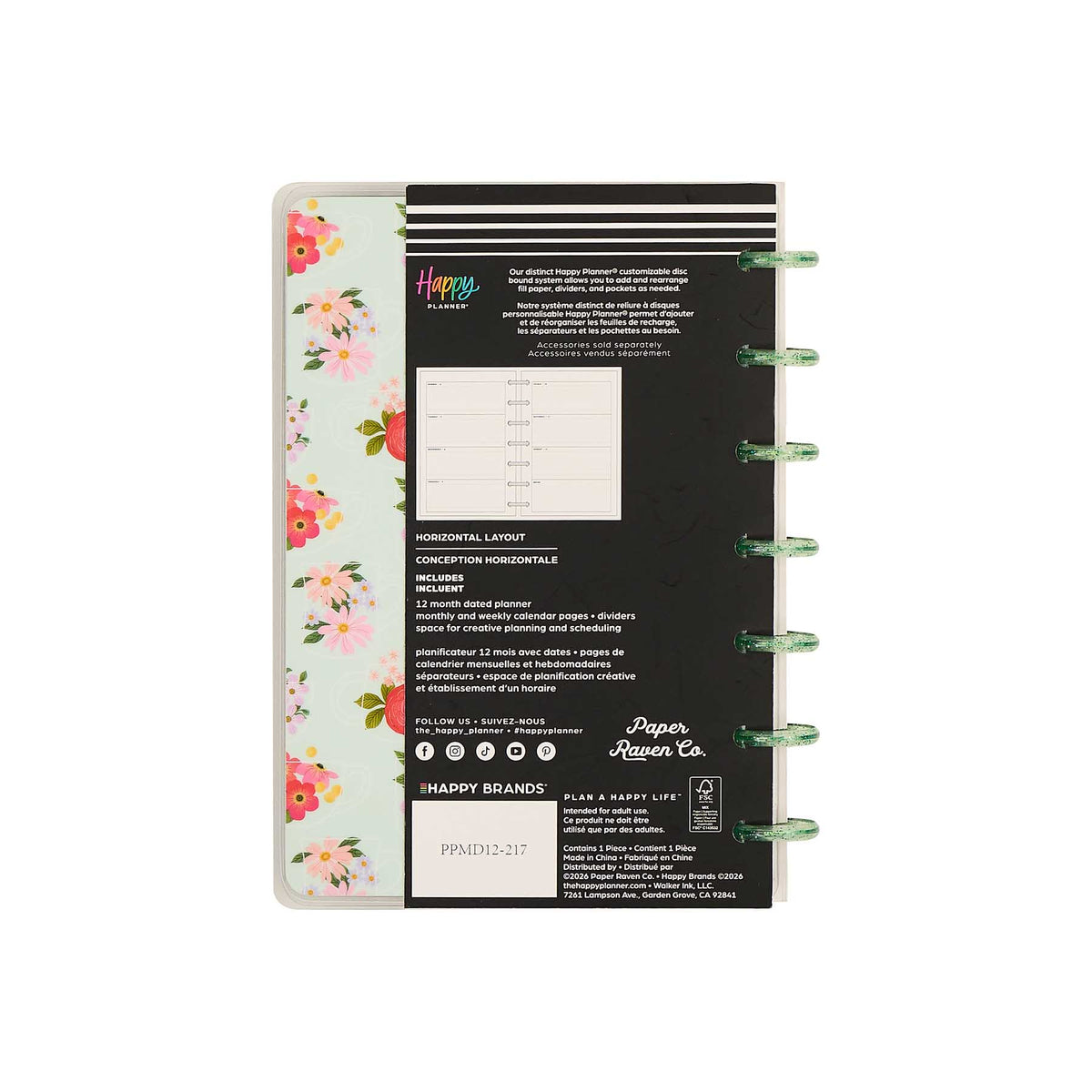Petal Press Mini Horizontal Planner colourful flower cover and green disc binding