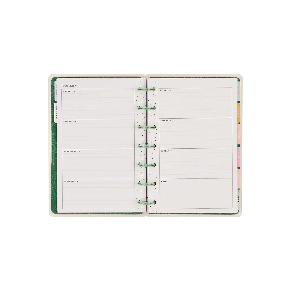 Petal Press Mini planner two-page weekly spread with colourful tabbed dividers