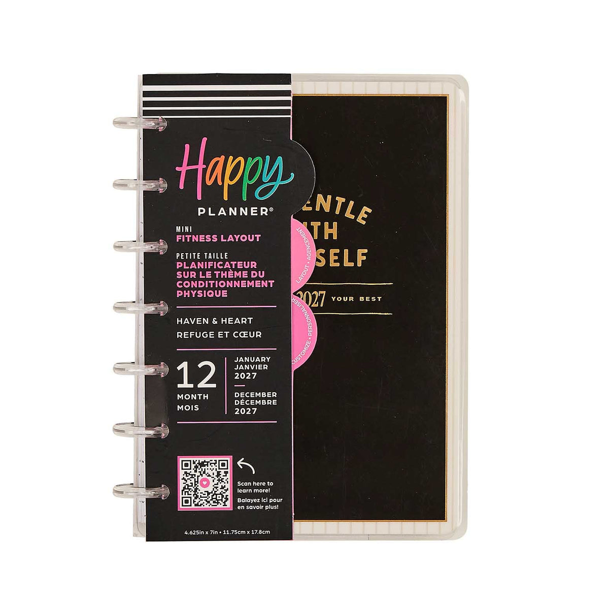 Happy Planner Haven and Heart Mini Fitness Planner with black cover and disc binding