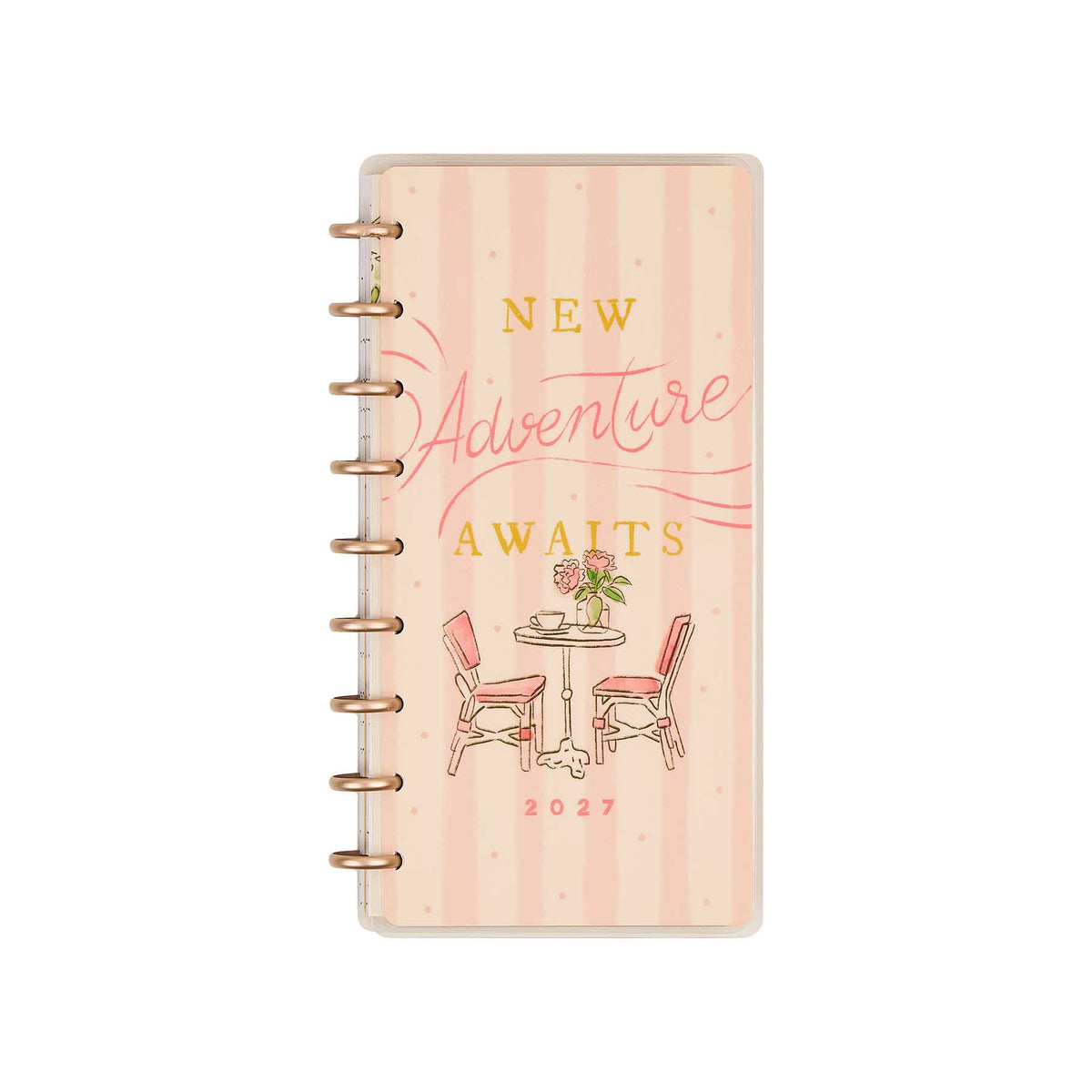 Seasonal Sidewalks Skinny Classic planner peach striped cover with New Adventure Awaits lettering and café illustration