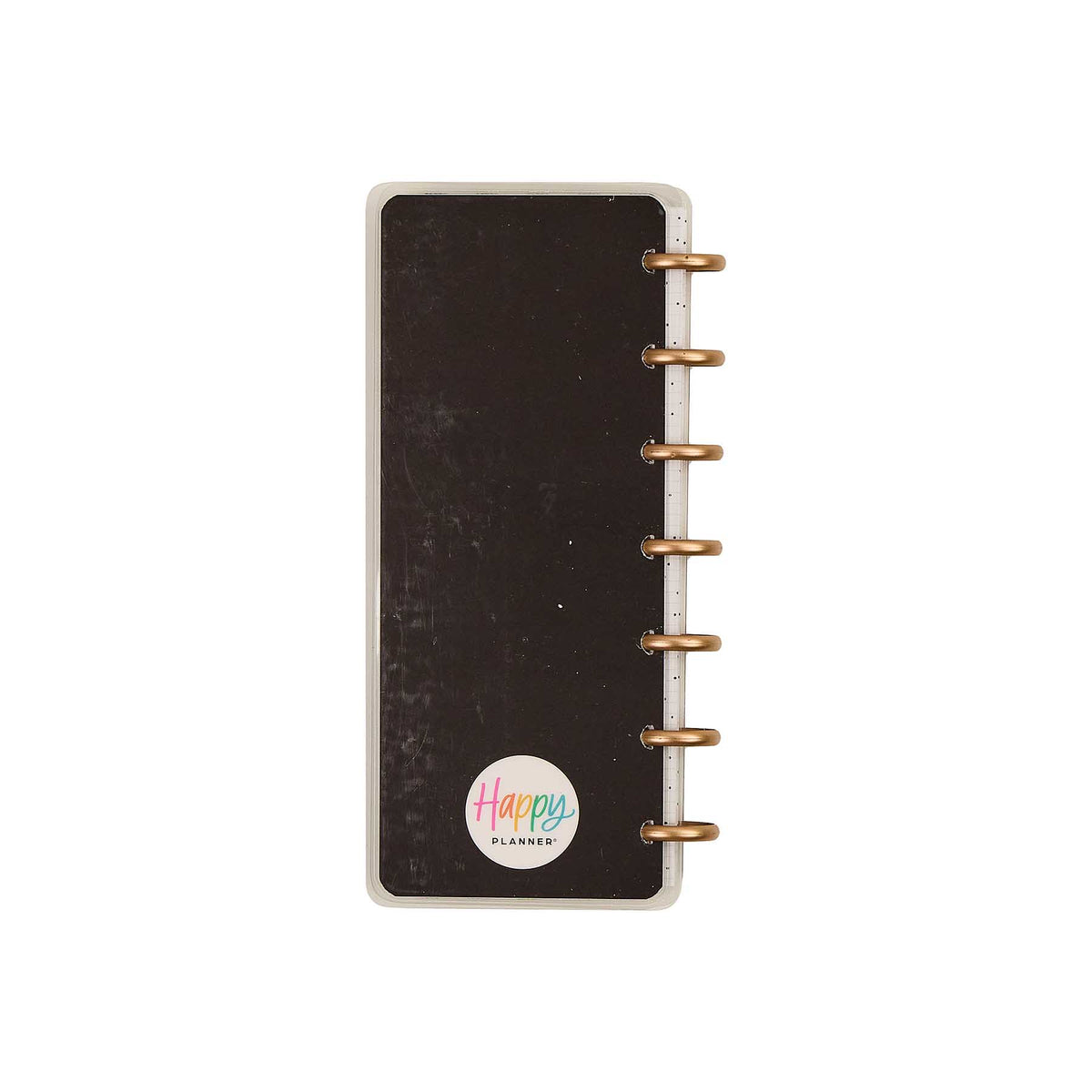 Happy Planner Haven and Heart Skinny Mini black cover with gold discs and brand logo