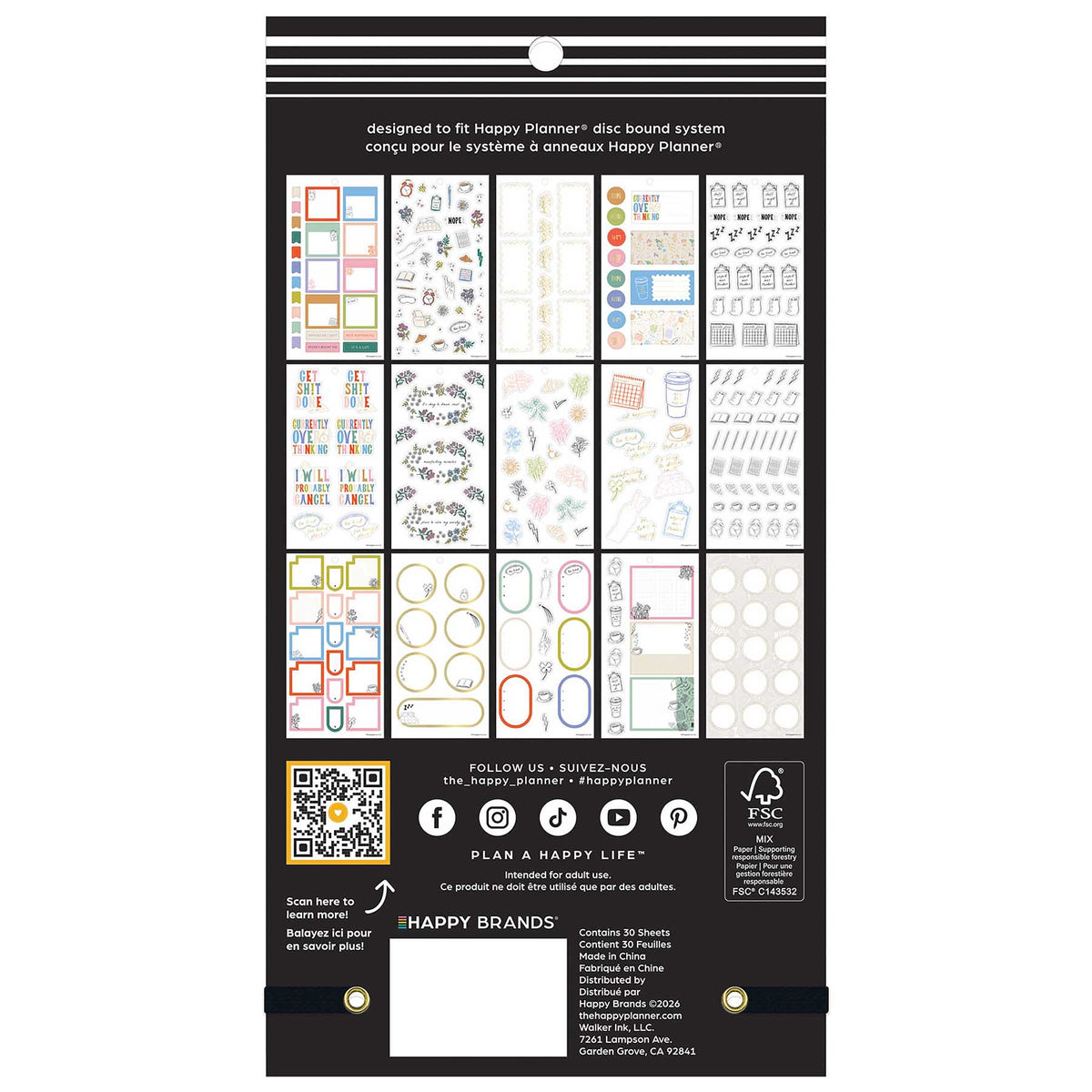 Back of Happy Planner Pajama Plans Classic Sticker Book showing colourful sticker sheet previews