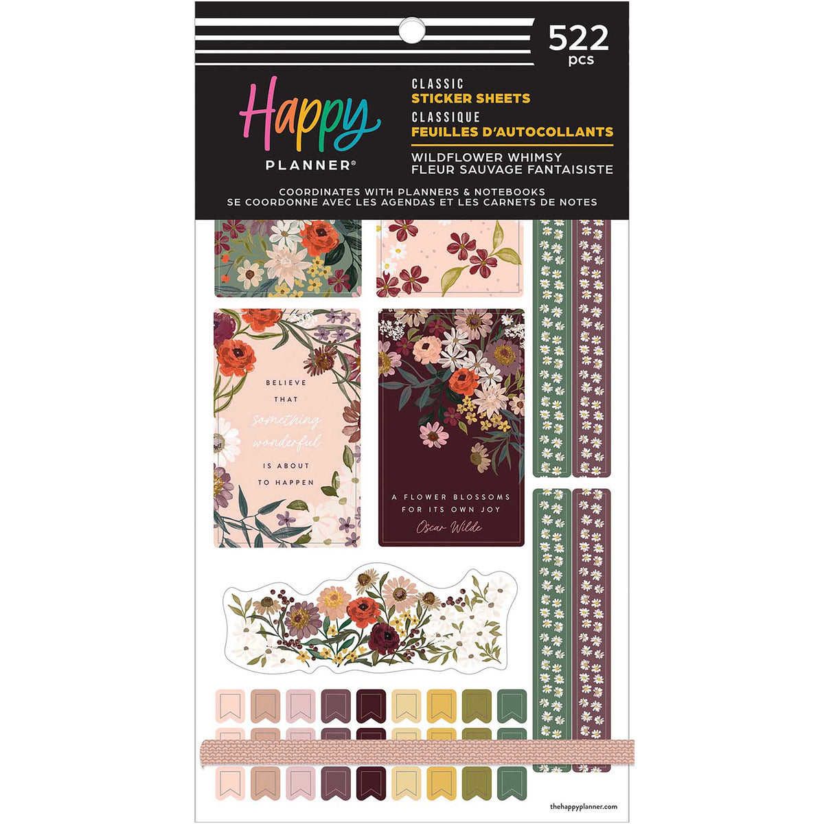 Happy Planner Wildflower Whimsy Classic Sticker Book front cover with floral designs and colourful labels, containing 522 stickers