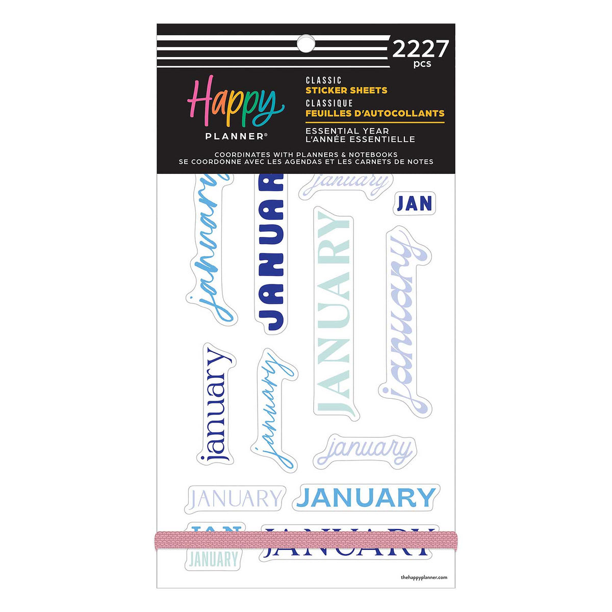 Happy Planner Essential Year Classic Sticker Book front cover showing January lettering and 2,227 stickers