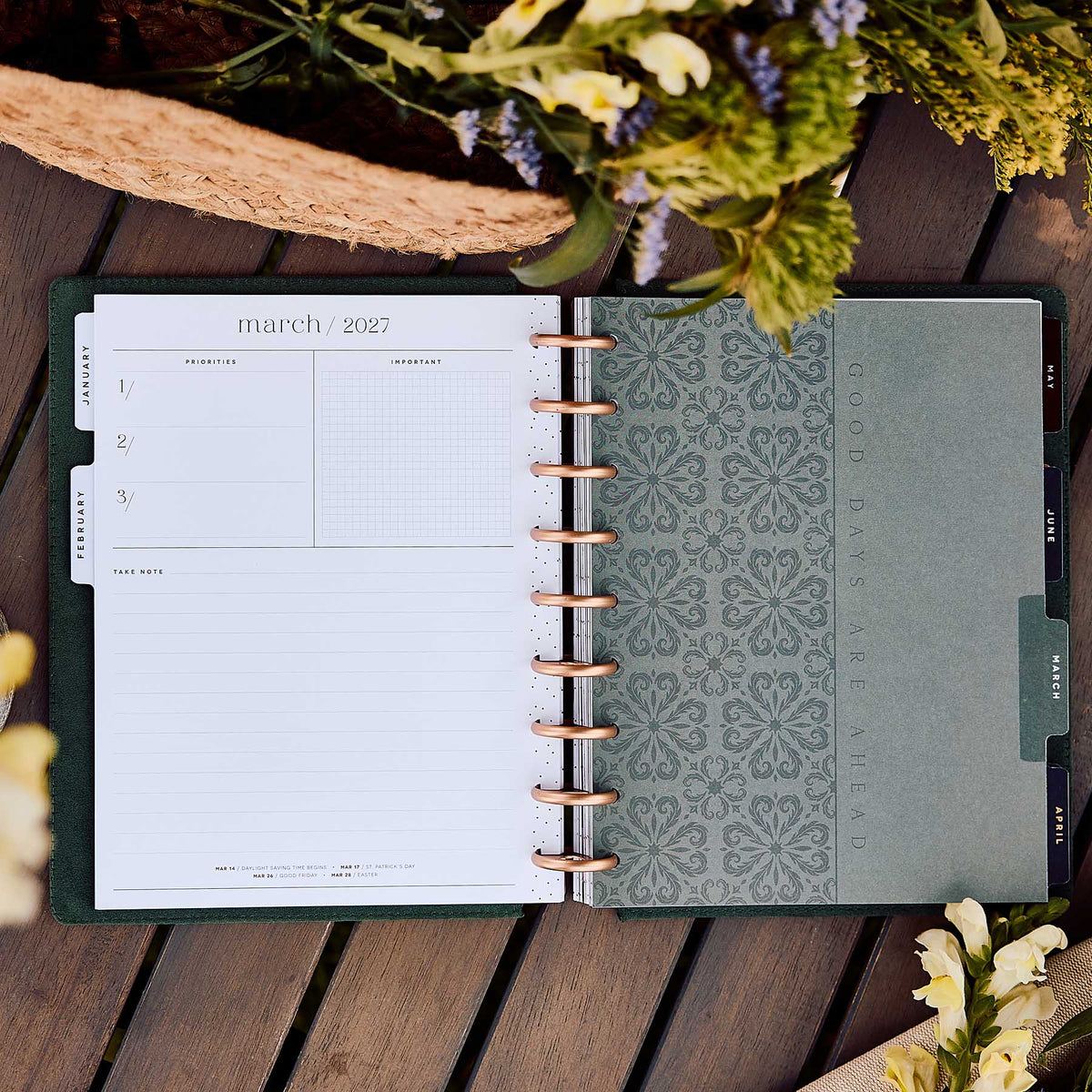 Twilight Tapestry planner March 2027 monthly spread with patterned divider
