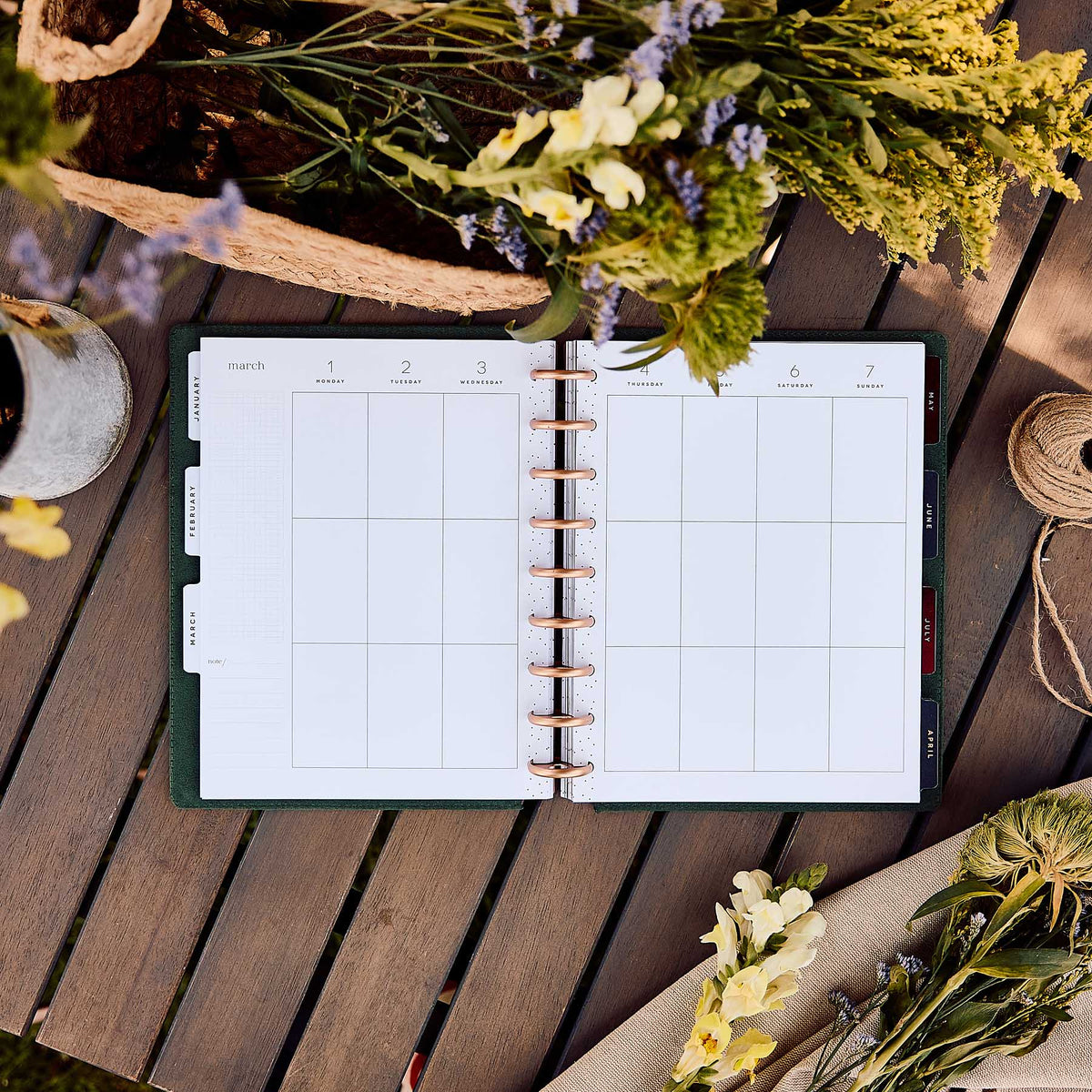 Twilight Tapestry planner blank monthly calendar grid with decorative discs