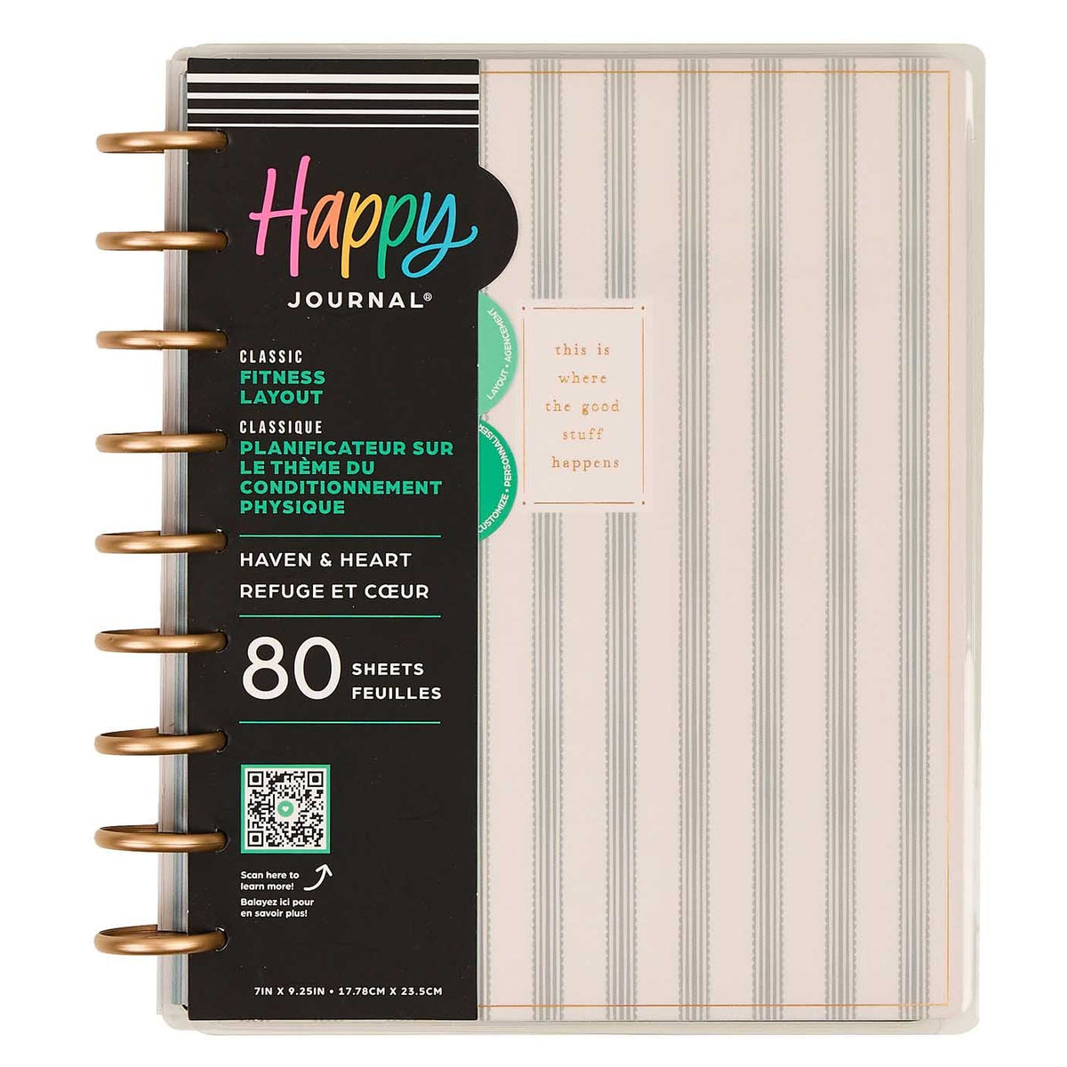 Haven & Heart Fitness journal with a striped cover and guided pages