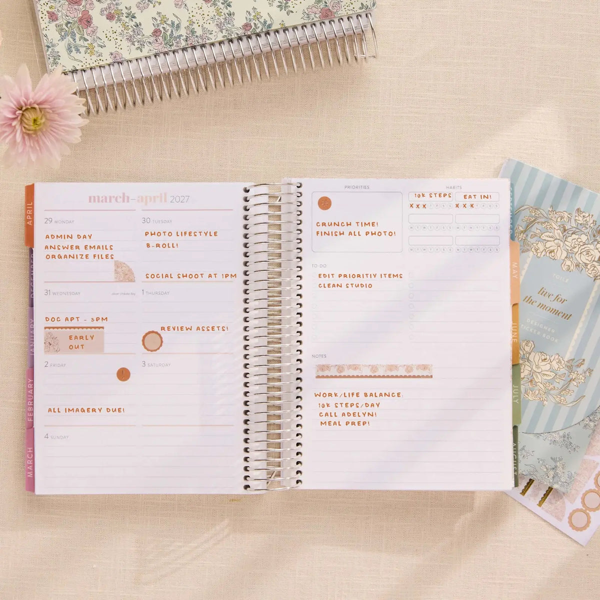 Erin Condren sticker book: Toile planning stickers used on a weekly spread beside the sticker book