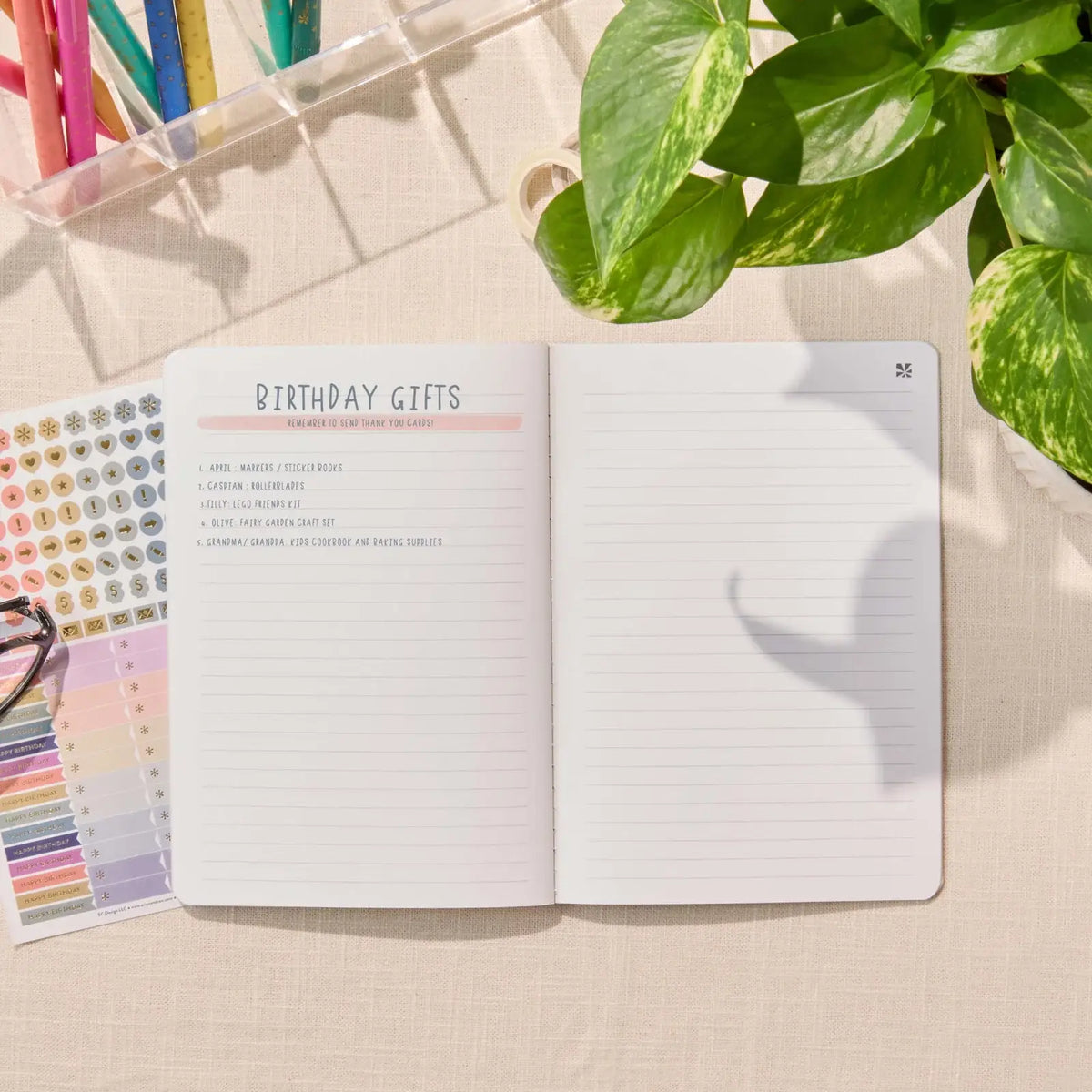Erin Condren Petite Planner: Birthday list and lined notes spread